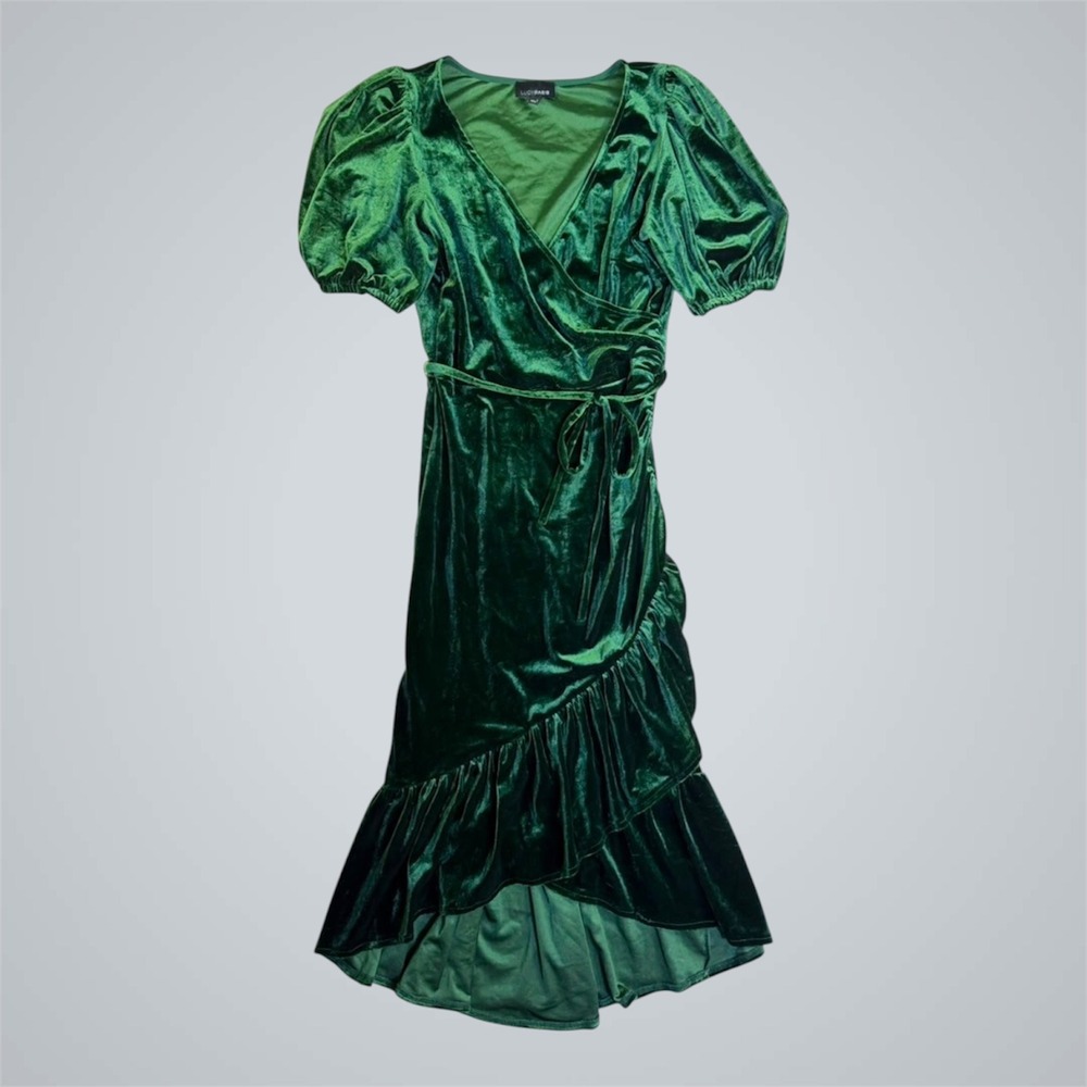 Lucy Paris Womens Emerald Green Velvet Wrap Dress Puff Sleeve High Low Small - Picture 2 of 12